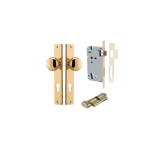 Door Knob Cambridge Rectangular Euro Polished Brass CTC85mm H240xW38xP67mm Entrance Kit, Mortice Lock Euro Polished Brass CTC85mm Backset 60mm, Euro Cylinder Key Thumb 6 Pin Polished Brass L70mm KA1 in Polished Brass