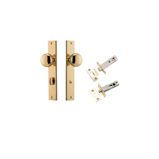 Door Knob Cambridge Rectangular Privacy Polished Brass CTC85mm H240xW38xP67mm Inbuilt Privacy Kit, Tube Latch Split Cam 'T' Striker Polished Brass Backset 60mm, Privacy Bolt Round Bolt Polished Brass Backset 60mm in Polished Brass