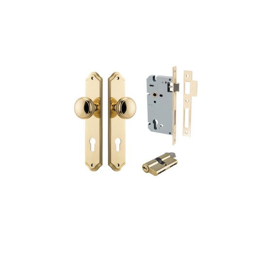 Door Knob Paddington Shouldered Euro Polished Brass CTC85mm H240xW50xP68mm Entrance Kit, Mortice Lock Euro Polished Brass CTC85mm Backset 60mm, Euro Cylinder Dual Function 5 Pin Polished Brass L65mm KA1 in Polished Brass