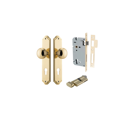 Door Knob Paddington Shouldered Euro Polished Brass CTC85mm H240xW50xP68mm Entrance Kit, Mortice Lock Euro Polished Brass CTC85mm Backset 60mm, Euro Cylinder Key Thumb 6 Pin Polished Brass L70mm KA1 in Polished Brass