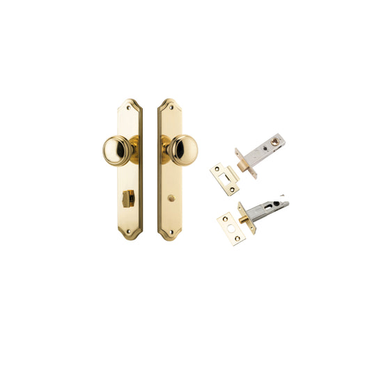 Door Knob Paddington Shouldered Privacy Polished Brass CTC85mm H240xW50xP68mm Inbuilt Privacy Kit, Tube Latch Split Cam 'T' Striker Polished Brass Backset 60mm, Privacy Bolt Round Bolt Polished Brass Backset 60mm in Polished Brass