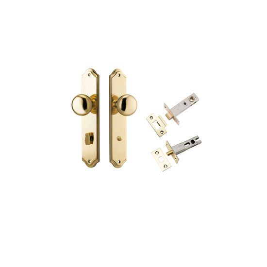 Door Knob Cambridge Shouldered Privacy Polished Brass CTC85mm H240xW50xP67mm Inbuilt Privacy Kit, Tube Latch Split Cam 'T' Striker Polished Brass Backset 60mm, Privacy Bolt Round Bolt Polished Brass Backset 60mm in Polished Brass