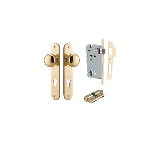 Door Knob Cambridge Oval Euro Polished Brass CTC85mm H240xW40xP67mm Entrance Kit, Mortice Lock Euro Polished Brass CTC85mm Backset 60mm, Euro Cylinder Dual Function 5 Pin Polished Brass L65mm KA1 in Polished Brass