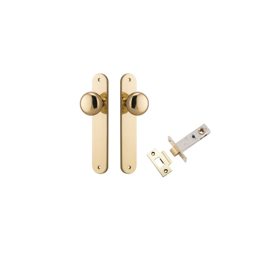 Door Knob Cambridge Oval Latch Polished Brass H240xW40xP67mm Passage Kit, Tube Latch Split Cam 'T' Striker Polished Brass Backset 60mm in Polished Brass