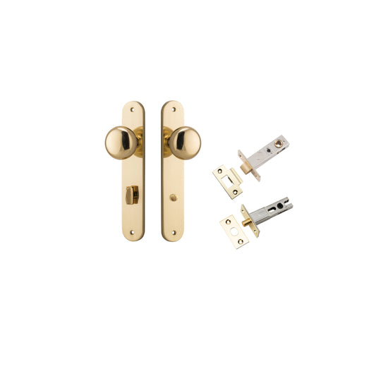 Door Knob Cambridge Oval Privacy Polished Brass CTC85mm H240xW40xP67mm Inbuilt Privacy Kit, Tube Latch Split Cam 'T' Striker Polished Brass Backset 60mm, Privacy Bolt Round Bolt Polished Brass Backset 60mm in Polished Brass