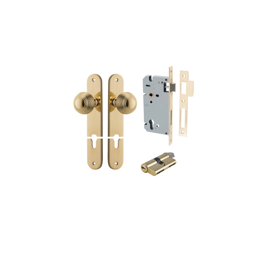 Door Knob Guildford Oval Euro Polished Brass CTC85mm H240xW40xP60mm Entrance Kit, Mortice Lock Euro Polished Brass CTC85mm Backset 60mm, Euro Cylinder Dual Function 5 Pin Polished Brass L65mm KA1 in Polished Brass