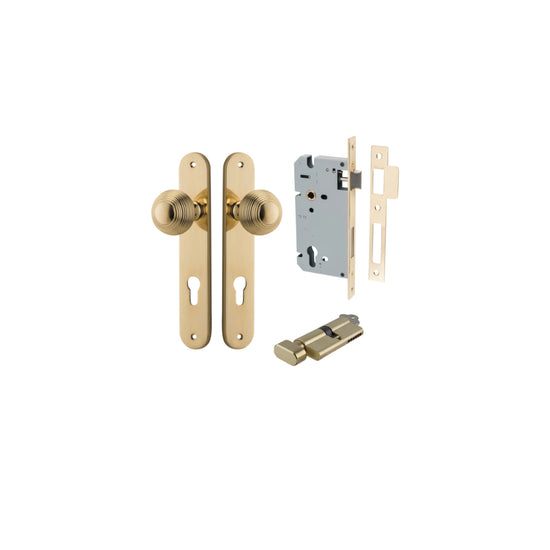 Door Knob Guildford Oval Euro Polished Brass CTC85mm H240xW40xP60mm Entrance Kit, Mortice Lock Euro Polished Brass CTC85mm Backset 60mm, Euro Cylinder Key Thumb 6 Pin Polished Brass L70mm KA1 in Polished Brass