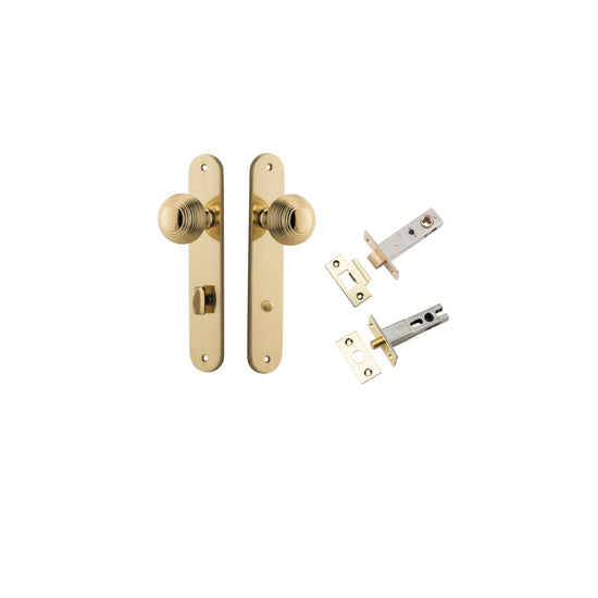 Door Knob Guildford Oval Privacy Polished Brass CTC85mm H240xW40xP60mm Inbuilt Privacy Kit, Tube Latch Split Cam 'T' Striker Polished Brass Backset 60mm, Privacy Bolt Round Bolt Polished Brass Backset 60mm in Polished Brass