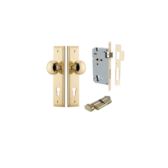 Door Knob Paddington Stepped Euro Polished Brass CTC85mm H240xW50xP68mm Entrance Kit, Mortice Lock Euro Polished Brass CTC85mm Backset 60mm, Euro Cylinder Key Thumb 6 Pin Polished Brass L70mm KA1 in Polished Brass