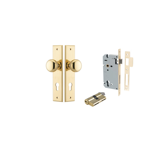 Door Knob Cambridge Chamfered Euro Pair Polished Brass CTC85mm D55xP62mm BPH240xW50mm, Mortice Lock Euro Polished Brass CTC85mm Backset 60mm, Euro Cylinder Dual Function 5 Pin Polished Brass 65mm KA4 in Polished Brass