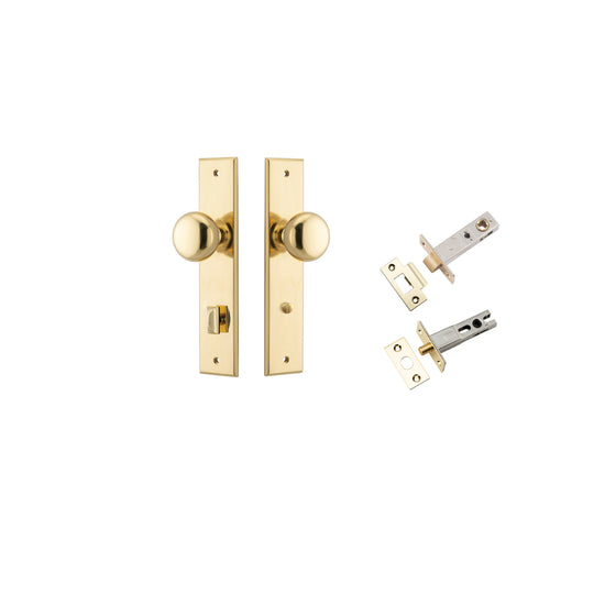 Door Knob Cambridge Chamfered Privacy Polished Brass CTC85mm D55xP62mm BPH240xW50mm Privacy Kit, Tube Latch Split Cam 'T' Striker Polished Brass Backset 60mm, Privacy Bolt Round Bolt Polished Brass Backset 60mm in Polished Brass