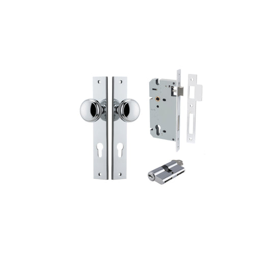 Door Knob Paddington Rectangular Euro Polished Chrome CTC85mm H240xW38xP68mm Entrance Kit, Mortice Lock Euro Polished Chrome CTC85mm Backset 60mm, Euro Cylinder Dual Function 5 Pin Polished Chrome L65mm KA1 in Polished Chrome