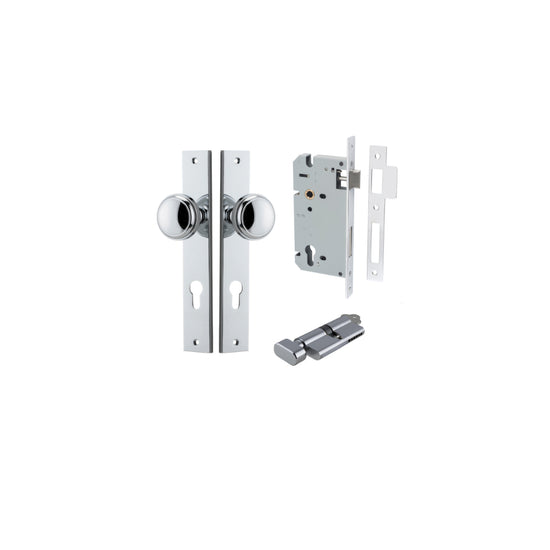 Door Knob Paddington Rectangular Euro Polished Chrome CTC85mm H240xW38xP68mm Entrance Kit, Mortice Lock Euro Polished Chrome CTC85mm Backset 60mm, Euro Cylinder Key Thumb 6 Pin Polished Chrome L70mm KA1 in Polished Chrome