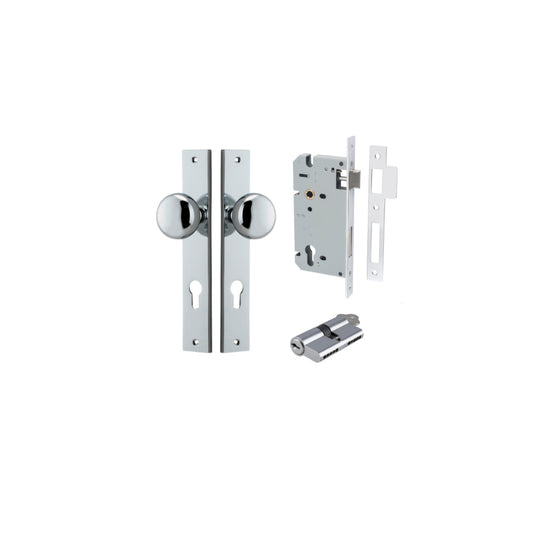 Door Knob Cambridge Rectangular Euro Polished Chrome CTC85mm H240xW38xP67mm Entrance Kit, Mortice Lock Euro Polished Chrome CTC85mm Backset 60mm, Euro Cylinder Dual Function 5 Pin Polished Chrome L65mm KA1 in Polished Chrome