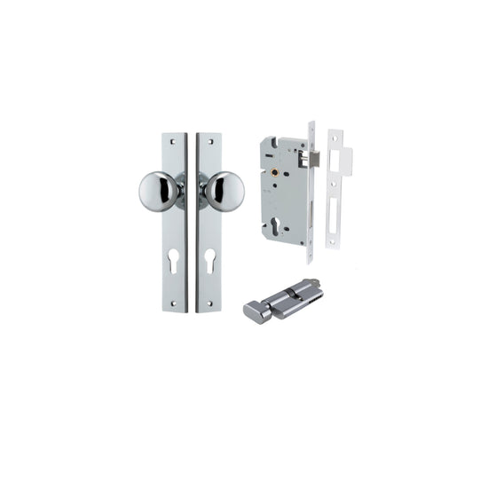 Door Knob Cambridge Rectangular Euro Polished Chrome CTC85mm H240xW38xP67mm Entrance Kit, Mortice Lock Euro Polished Chrome CTC85mm Backset 60mm, Euro Cylinder Key Thumb 6 Pin Polished Chrome L70mm KA1 in Polished Chrome