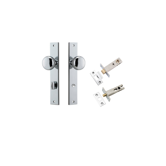 Door Knob Cambridge Rectangular Privacy Polished Chrome CTC85mm H240xW38xP67mm Inbuilt Privacy Kit, Tube Latch Split Cam 'T' Striker Polished Chrome Backset 60mm, Privacy Bolt Round Bolt Polished Chrome Backset 60mm in Polished Chrome