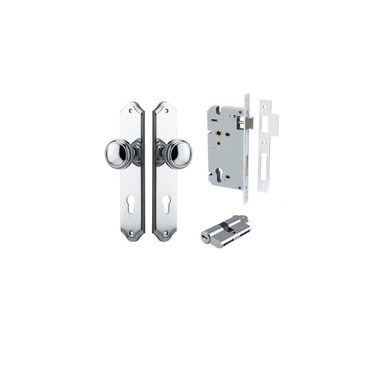 Door Knob Paddington Shouldered Euro Polished Chrome CTC85mm H240xW50xP68mm Entrance Kit, Mortice Lock Euro Polished Chrome CTC85mm Backset 60mm, Euro Cylinder Dual Function 5 Pin Polished Chrome L65mm KA1 in Polished Chrome