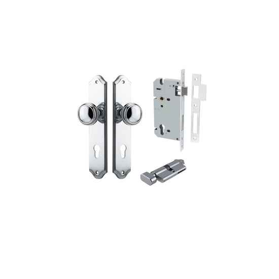 Door Knob Paddington Shouldered Euro Polished Chrome CTC85mm H240xW50xP68mm Entrance Kit, Mortice Lock Euro Polished Chrome CTC85mm Backset 60mm, Euro Cylinder Key Thumb 6 Pin Polished Chrome L70mm KA1 in Polished Chrome