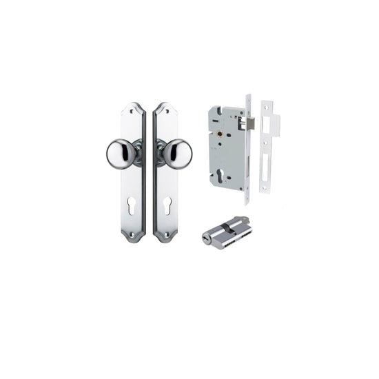 Door Knob Cambridge Shouldered Euro Polished Chrome CTC85mm H240xW50xP67mm Entrance Kit, Mortice Lock Euro Polished Chrome CTC85mm Backset 60mm, Euro Cylinder Dual Function 5 Pin Polished Chrome L65mm KA1 in Polished Chrome