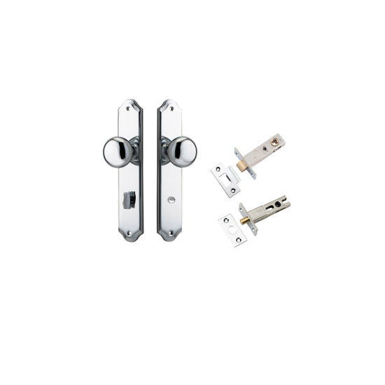 Door Knob Cambridge Shouldered Privacy Polished Chrome CTC85mm H240xW50xP67mm Inbuilt Privacy Kit, Tube Latch Split Cam 'T' Striker Polished Chrome Backset 60mm, Privacy Bolt Round Bolt Polished Chrome Backset 60mm in Polished Chrome