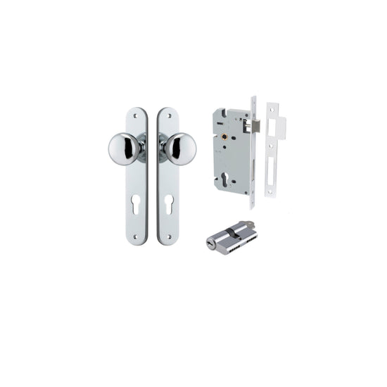 Door Knob Cambridge Oval Euro Polished Chrome CTC85mm H240xW40xP67mm Entrance Kit, Mortice Lock Euro Polished Chrome CTC85mm Backset 60mm, Euro Cylinder Dual Function 5 Pin Polished Chrome L65mm KA1 in Polished Chrome