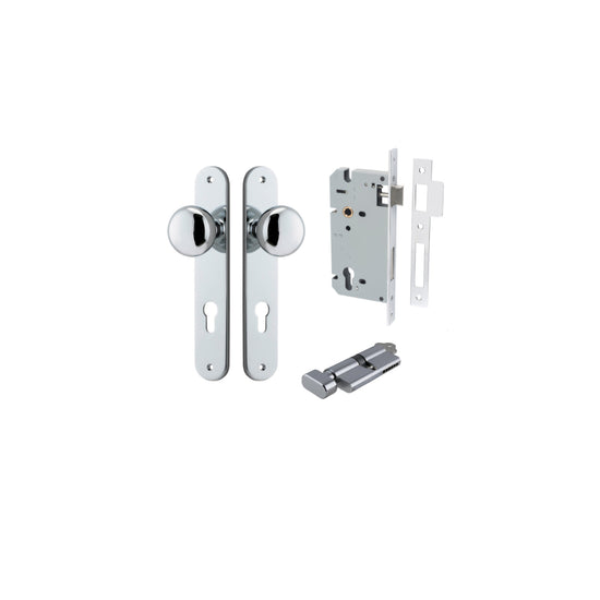 Door Knob Cambridge Oval Euro Polished Chrome CTC85mm H240xW40xP67mm Entrance Kit, Mortice Lock Euro Polished Chrome CTC85mm Backset 60mm, Euro Cylinder Key Thumb 6 Pin Polished Chrome L70mm KA1 in Polished Chrome