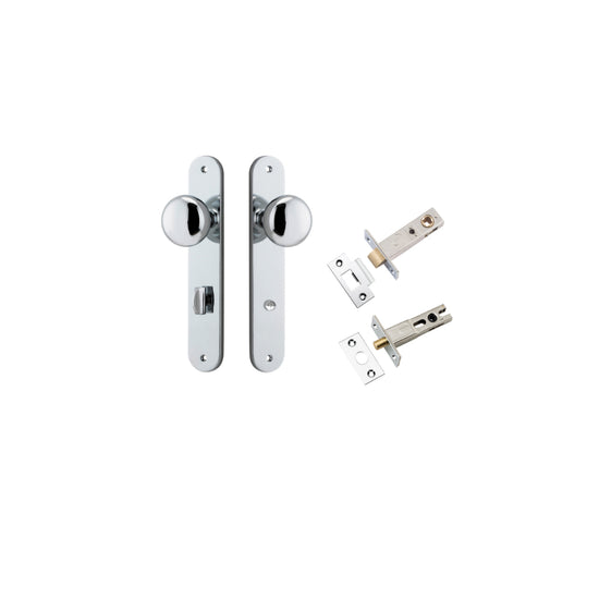 Door Knob Cambridge Oval Privacy Polished Chrome CTC85mm H240xW40xP67mm Inbuilt Privacy Kit, Tube Latch Split Cam 'T' Striker Polished Chrome Backset 60mm, Privacy Bolt Round Bolt Polished Chrome Backset 60mm in Polished Chrome