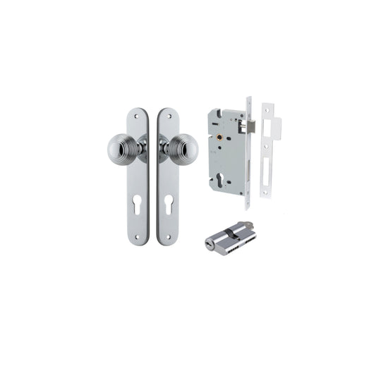 Door Knob Guildford Oval Euro Polished Chrome CTC85mm H240xW40xP60mm Entrance Kit, Mortice Lock Euro Polished Chrome CTC85mm Backset 60mm, Euro Cylinder Dual Function 5 Pin Polished Chrome L65mm KA1 in Polished Chrome