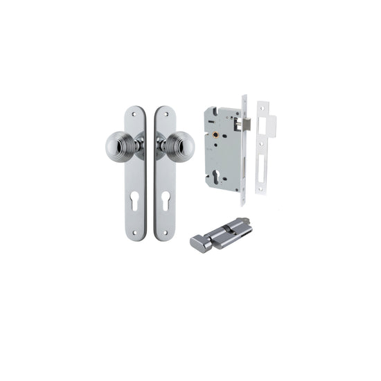 Door Knob Guildford Oval Euro Polished Chrome CTC85mm H240xW40xP60mm Entrance Kit, Mortice Lock Euro Polished Chrome CTC85mm Backset 60mm, Euro Cylinder Key Thumb 6 Pin Polished Chrome L70mm KA1 in Polished Chrome