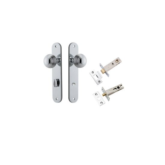 Door Knob Guildford Oval Privacy Polished Chrome CTC85mm H240xW40xP60mm Inbuilt Privacy Kit, Tube Latch Split Cam 'T' Striker Polished Chrome Backset 60mm, Privacy Bolt Round Bolt Polished Chrome Backset 60mm in Polished Chrome