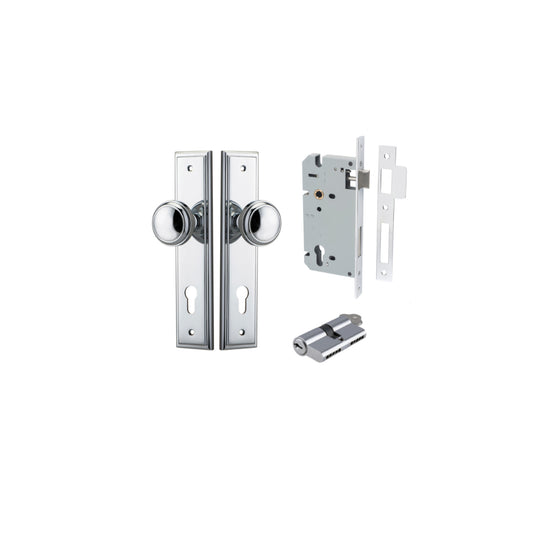 Door Knob Paddington Stepped Euro Polished Chrome CTC85mm H240xW50xP68mm Entrance Kit, Mortice Lock Euro Polished Chrome CTC85mm Backset 60mm, Euro Cylinder Dual Function 5 Pin Polished Chrome L65mm KA1 in Polished Chrome