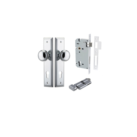 Door Knob Paddington Stepped Euro Polished Chrome CTC85mm H240xW50xP68mm Entrance Kit, Mortice Lock Euro Polished Chrome CTC85mm Backset 60mm, Euro Cylinder Key Thumb 6 Pin Polished Chrome L70mm KA1 in Polished Chrome