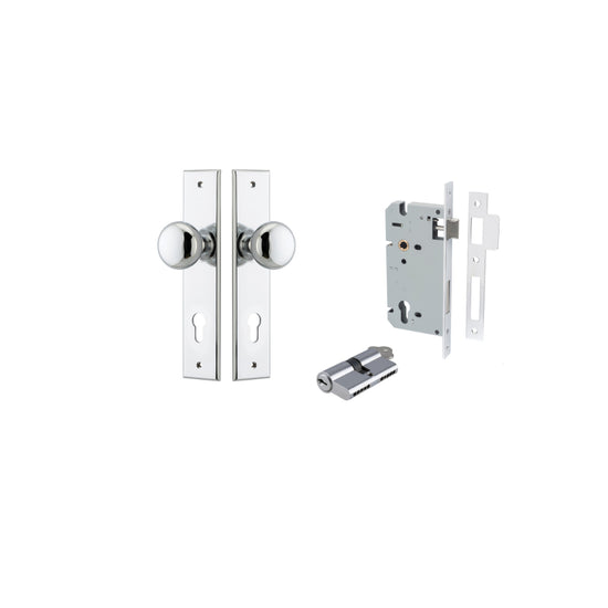 Door Knob Cambridge Chamfered Euro Pair Polished Chrome CTC85mm D55xP62mm BPH240xW50mm, Mortice Lock Euro Polished Chrome CTC85mm Backset 60mm, Euro Cylinder Dual Function 5 Pin Polished Chrome 65mm KA4 in Polished Chrome