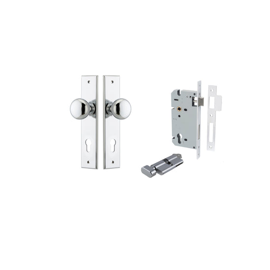 Door Knob Cambridge Chamfered Euro Pair Polished Chrome CTC85mm D55xP62mm BPH240xW50mm, Mortice Lock Euro Polished Chrome CTC85mm Backset 60mm, Euro Cylinder Key Thumb 5 Pin Polished Chrome 65mm KA4 in Polished Chrome