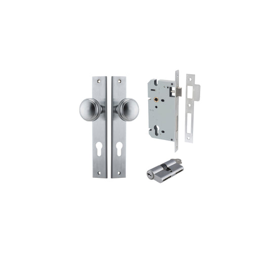 Door Knob Paddington Rectangular Euro Brushed Chrome CTC85mm H240xW38xP68mm Entrance Kit, Mortice Lock Euro Brushed Chrome CTC85mm Backset 60mm, Euro Cylinder Dual Function 5 Pin Brushed Chrome L65mm KA1 in Brushed Chrome