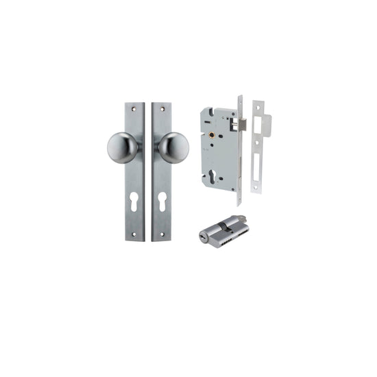 Door Knob Cambridge Rectangular Euro Brushed Chrome CTC85mm H240xW38xP67mm Entrance Kit, Mortice Lock Euro Brushed Chrome CTC85mm Backset 60mm, Euro Cylinder Dual Function 5 Pin Brushed Chrome L65mm KA1 in Brushed Chrome