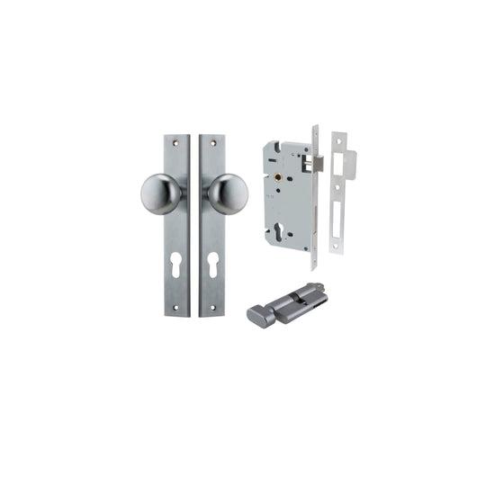 Door Knob Cambridge Rectangular Euro Brushed Chrome CTC85mm H240xW38xP67mm Entrance Kit, Mortice Lock Euro Brushed Chrome CTC85mm Backset 60mm, Euro Cylinder Key Thumb 6 Pin Brushed Chrome L70mm KA1 in Brushed Chrome