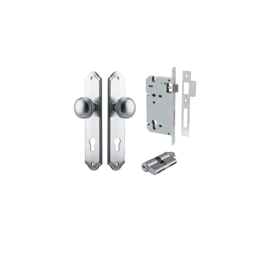 Door Knob Paddington Shouldered Euro Brushed Chrome CTC85mm H240xW50xP68mm Entrance Kit, Mortice Lock Euro Brushed Chrome CTC85mm Backset 60mm, Euro Cylinder Dual Function 5 Pin Brushed Chrome L65mm KA1 in Brushed Chrome