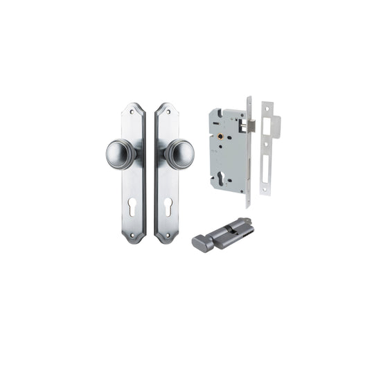 Door Knob Paddington Shouldered Euro Brushed Chrome CTC85mm H240xW50xP68mm Entrance Kit, Mortice Lock Euro Brushed Chrome CTC85mm Backset 60mm, Euro Cylinder Key Thumb 6 Pin Brushed Chrome L70mm KA1 in Brushed Chrome