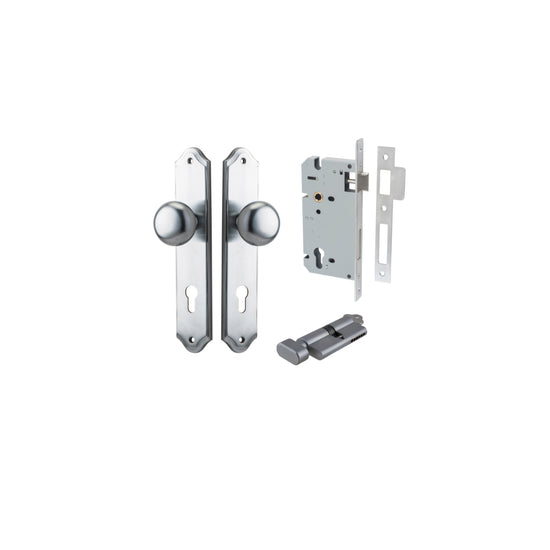 Door Knob Cambridge Shouldered Euro Brushed Chrome CTC85mm H240xW50xP67mm Entrance Kit, Mortice Lock Euro Brushed Chrome CTC85mm Backset 60mm, Euro Cylinder Key Thumb 6 Pin Brushed Chrome L70mm KA1 in Brushed Chrome