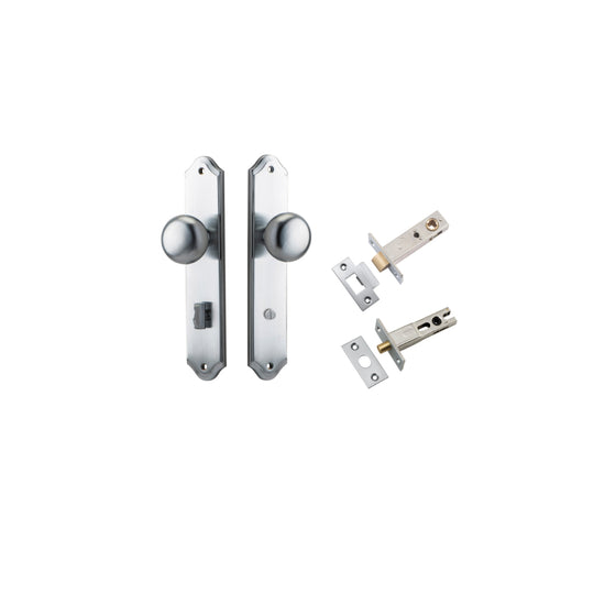 Door Knob Cambridge Shouldered Privacy Brushed Chrome CTC85mm H240xW50xP67mm Inbuilt Privacy Kit, Tube Latch Split Cam 'T' Striker Brushed Chrome Backset 60mm, Privacy Bolt Round Bolt Brushed Chrome Backset 60mm in Brushed Chrome