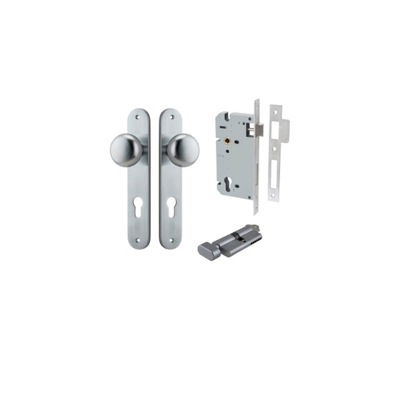 Door Knob Cambridge Oval Euro Brushed Chrome CTC85mm H240xW40xP67mm Entrance Kit, Mortice Lock Euro Brushed Chrome CTC85mm Backset 60mm, Euro Cylinder Key Thumb 6 Pin Brushed Chrome L70mm KA1 in Brushed Chrome