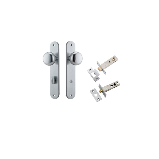 Door Knob Cambridge Oval Privacy Brushed Chrome CTC85mm H240xW40xP67mm Inbuilt Privacy Kit, Tube Latch Split Cam 'T' Striker Brushed Chrome Backset 60mm, Privacy Bolt Round Bolt Brushed Chrome Backset 60mm in Brushed Chrome