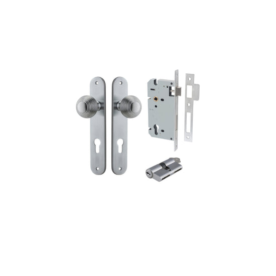 Door Knob Guildford Oval Euro Brushed Chrome CTC85mm H240xW40xP60mm Entrance Kit, Mortice Lock Euro Brushed Chrome CTC85mm Backset 60mm, Euro Cylinder Dual Function 5 Pin Brushed Chrome L65mm KA1 in Brushed Chrome