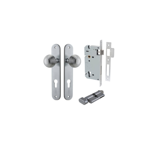 Door Knob Guildford Oval Euro Brushed Chrome CTC85mm H240xW40xP60mm Entrance Kit, Mortice Lock Euro Brushed Chrome CTC85mm Backset 60mm, Euro Cylinder Key Thumb 6 Pin Brushed Chrome L70mm KA1 in Brushed Chrome