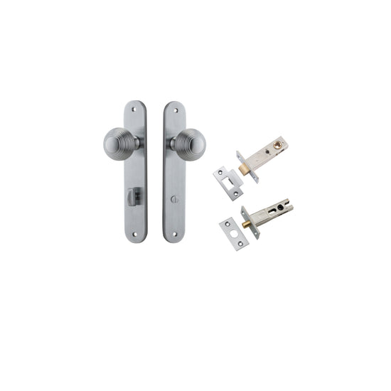 Door Knob Guildford Oval Privacy Brushed Chrome CTC85mm H240xW40xP60mm Inbuilt Privacy Kit, Tube Latch Split Cam 'T' Striker Brushed Chrome Backset 60mm, Privacy Bolt Round Bolt Brushed Chrome Backset 60mm in Brushed Chrome