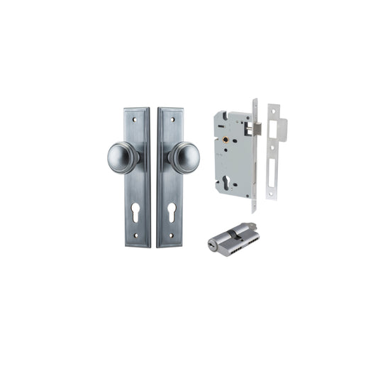 Door Knob Paddington Stepped Euro Brushed Chrome CTC85mm H240xW50xP68mm Entrance Kit, Mortice Lock Euro Brushed Chrome CTC85mm Backset 60mm, Euro Cylinder Dual Function 5 Pin Brushed Chrome L65mm KA1 in Brushed Chrome