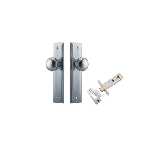 Door Knob Paddington Stepped Latch Brushed Chrome H240xW50xP68mm Passage Kit, Tube Latch Split Cam 'T' Striker Brushed Chrome Backset 60mm in Brushed Chrome