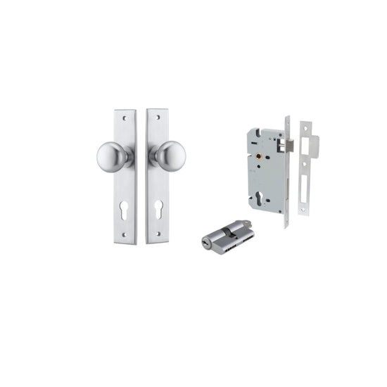 Door Knob Cambridge Chamfered Euro Pair Brushed Chrome CTC85mm D55xP62mm BPH240xW50mm, Mortice Lock Euro Brushed Chrome CTC85mm Backset 60mm, Euro Cylinder Dual Function 5 Pin Brushed Chrome 65mm KA4 in Brushed Chrome