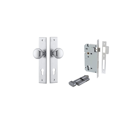 Door Knob Cambridge Chamfered Euro Pair Brushed Chrome CTC85mm D55xP62mm BPH240xW50mm, Mortice Lock Euro Brushed Chrome CTC85mm Backset 60mm, Euro Cylinder Key Thumb 5 Pin Brushed Chrome 65mm KA4 in Brushed Chrome